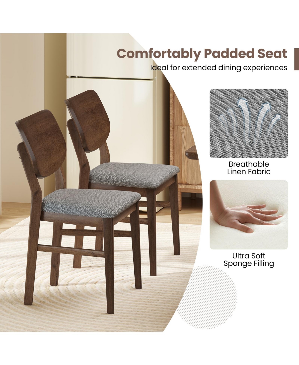 Slickblue Set of 2 Farmhouse Kitchen Chairs Upholstered with Rubber Wood Frame for Dining Room