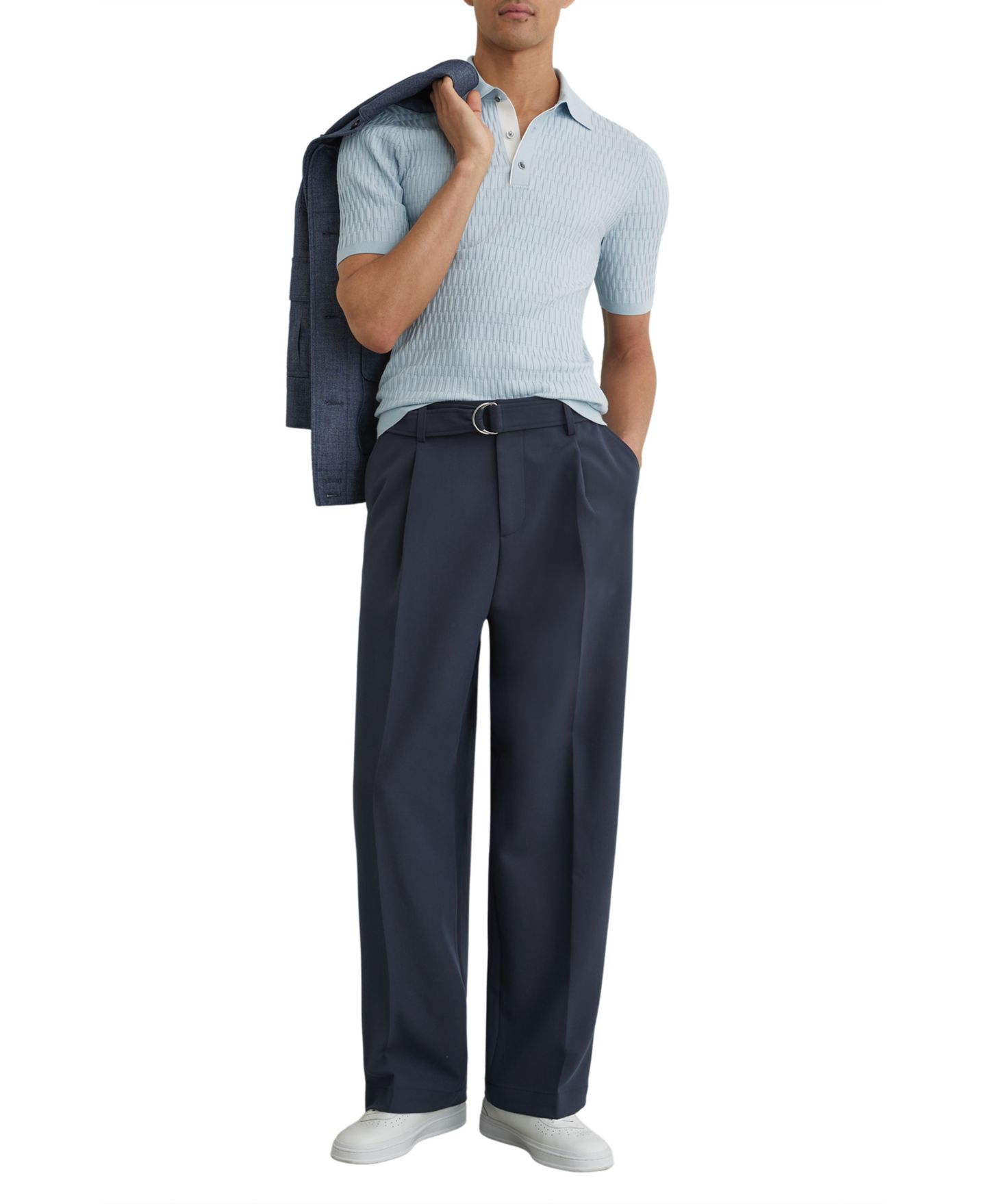 Мужское поло REISS Era Half Button Textured Polo Shirt, цвет: Мягкий синий — фото 3