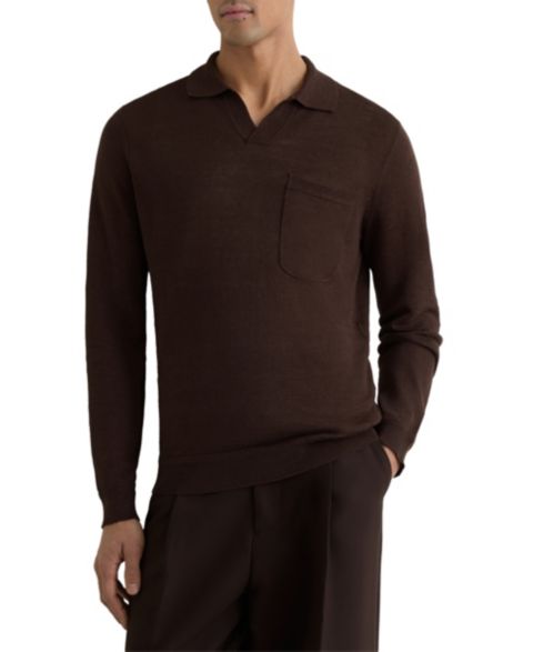 Мужское поло REISS Oaklands Open Collar Linen Polo Shirt, цвет: Шоколадный коричневый