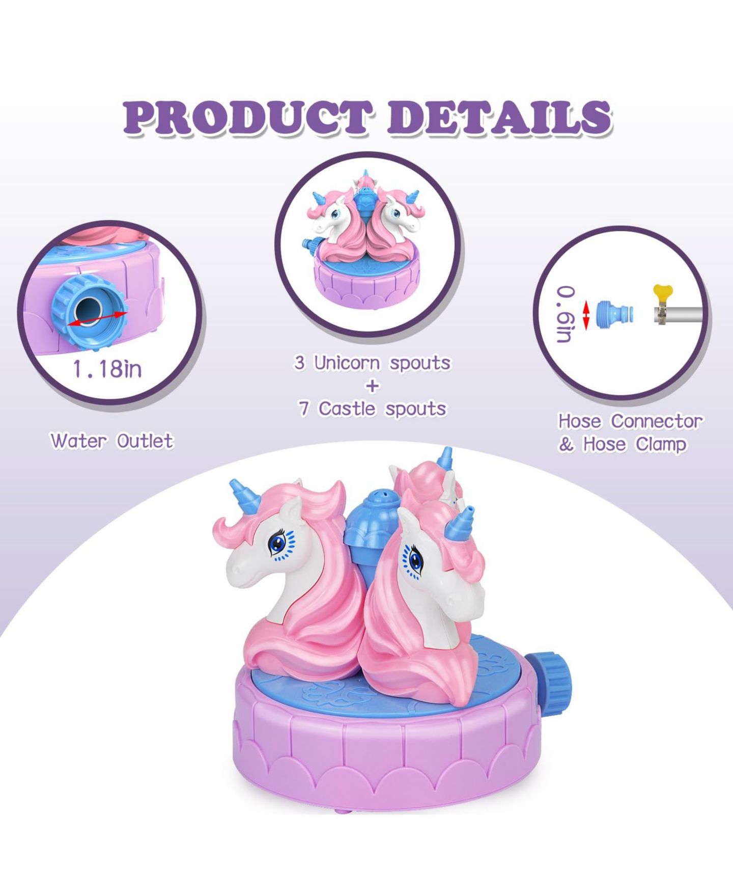 Детская игрушка GNUADZ Unicorn Rotating Sprinkler with 10-Foot Spray Reach, Ages 3+, цвет: Розовый — фото 4