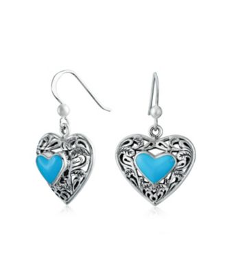 Bali Style Natural Turquoise Heart Shape Scroll Filigree Drop Earrings .925 Sterling Silver