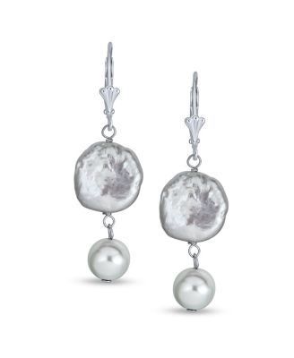 Cultured Coin Biwa Pearl Leverback Dangle Earrings .925 Sterling Silver