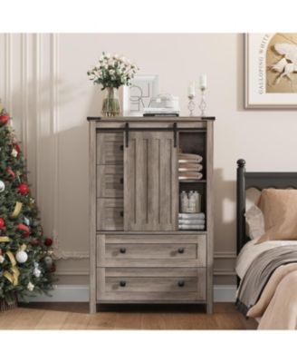 5 Drawer Dresser, Farmhouse Wooden Chest of Drawers with Sliding Barn Door, Adjustable Shelf, Tall Antique Dresser, Storge Cabinet