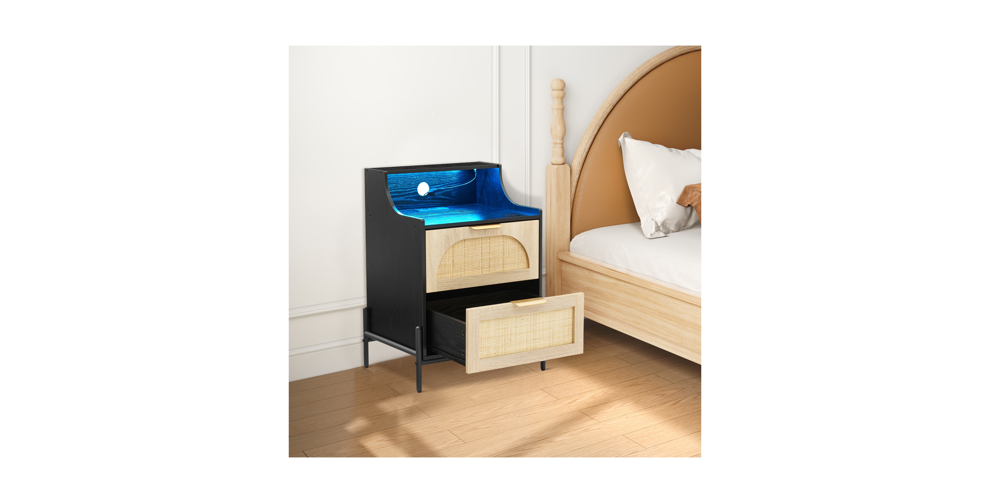 homfan Rattan Nightstand with Charging Station Led Light, 2 Decorative Rattan Drawers and Open Shelves Modern Small End Table for Living Room