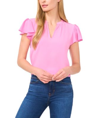Women's Short Ruffled Sleeve Solid V-Neck Blouse