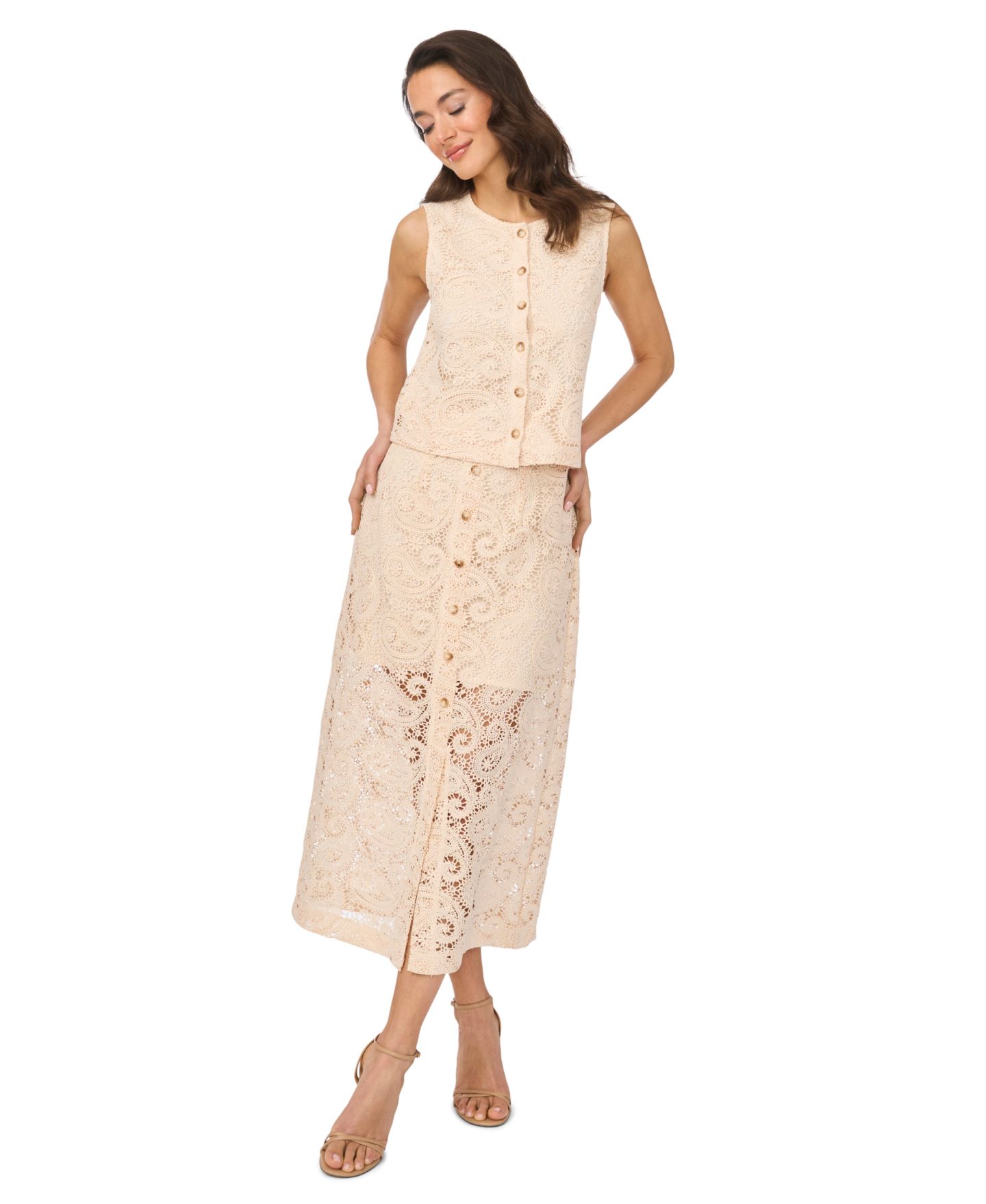 Женская юбка CeCe Front Button Paisley Lace Midi, цвет: Натуральный — фото 4
