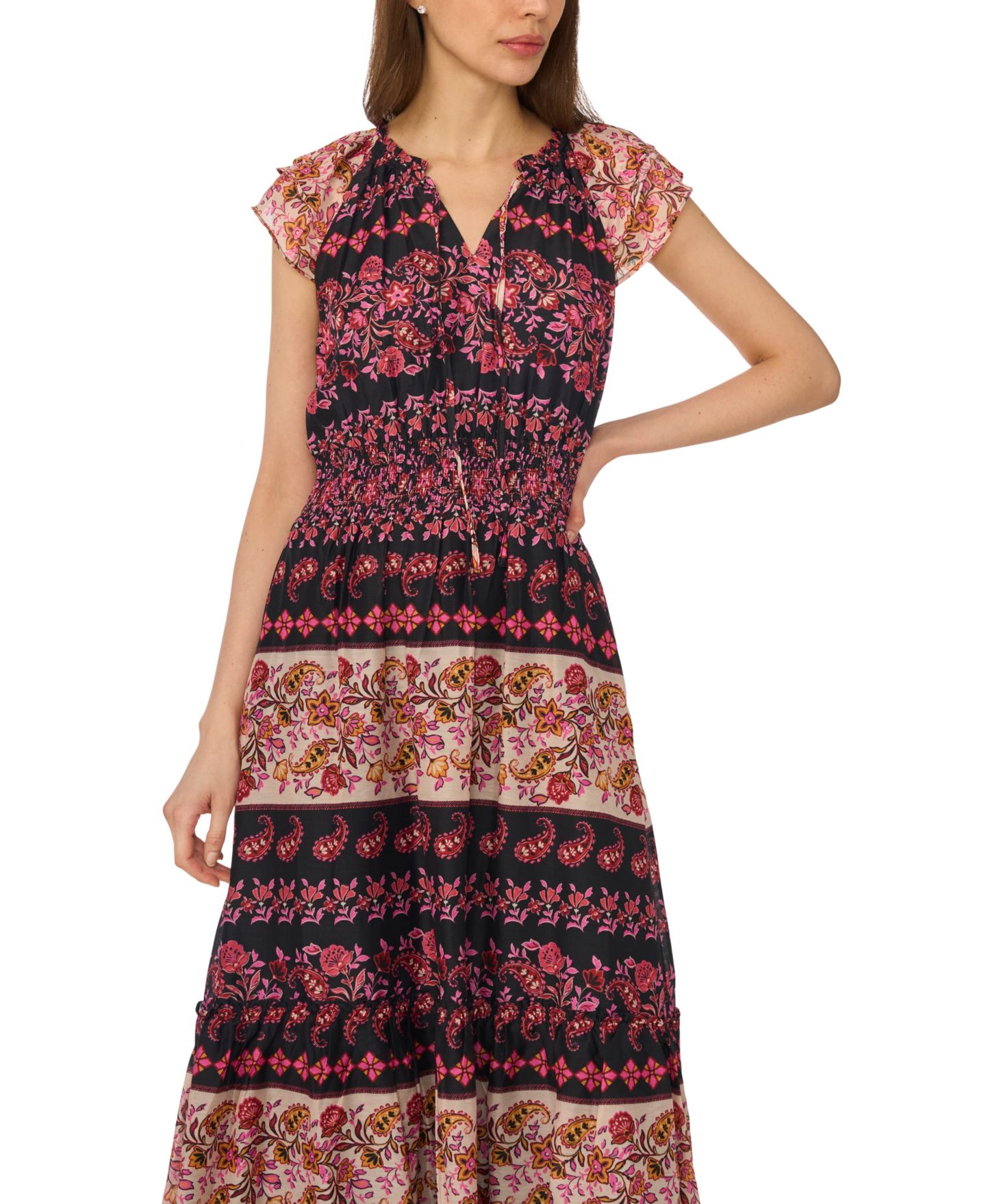 Женское платье CeCe Tie-Neck Smocked Waist Printed, цвет: Насыщенный чёрный — фото 7