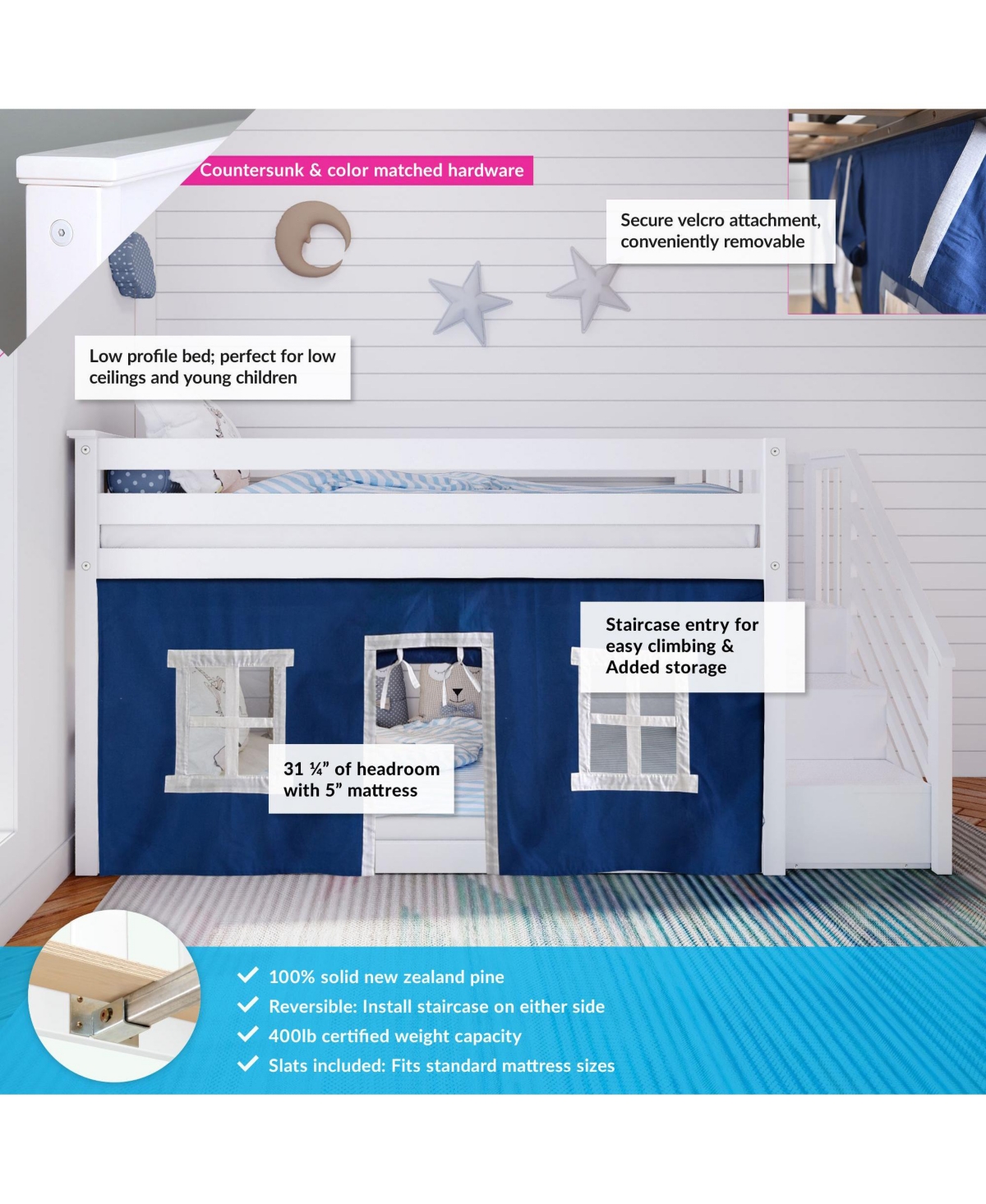 Max & Lily Twin Low Bunk Bed with Staircase and Curtains