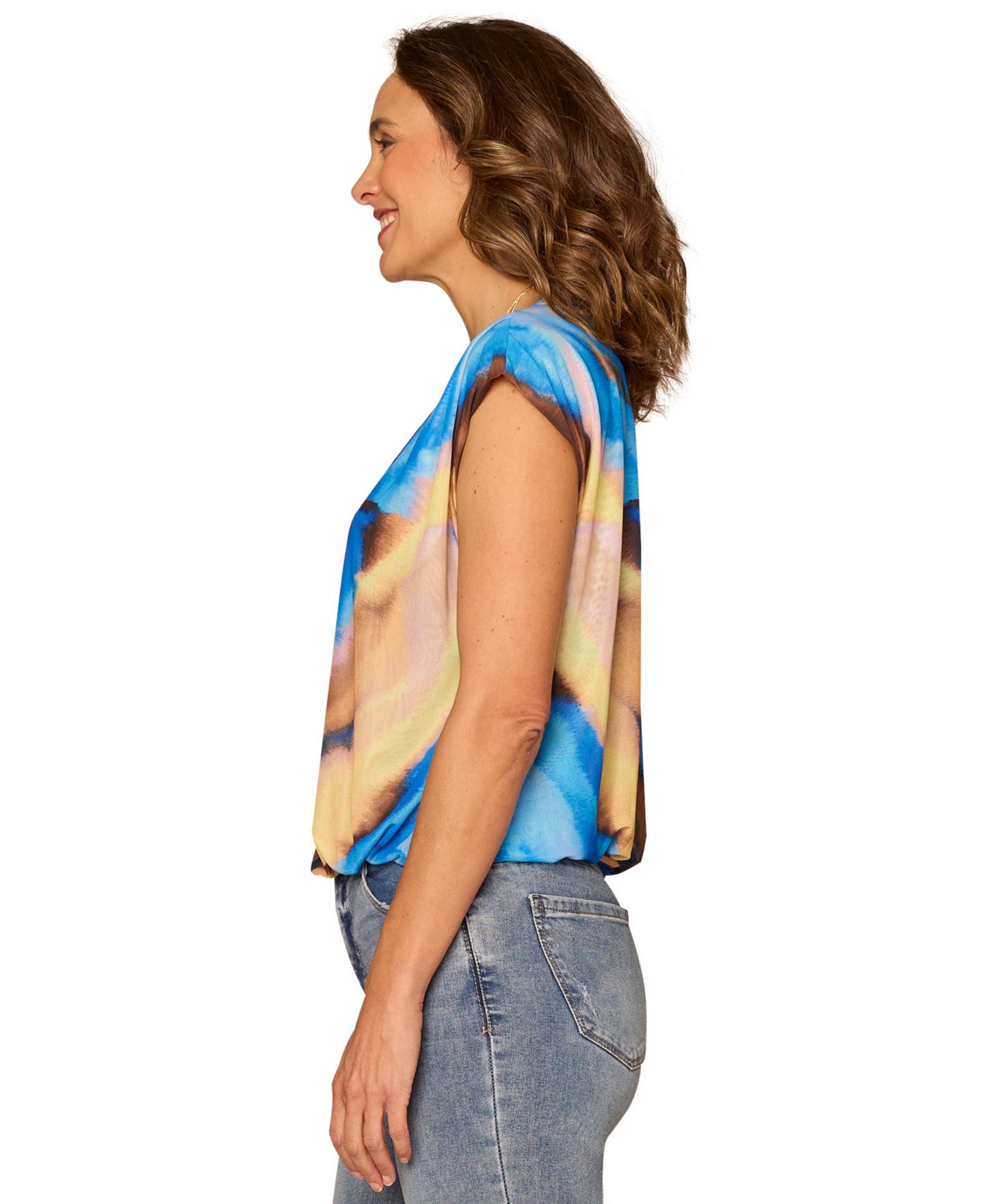 Топ Democracy Petite Pleated Bubble Hem Placement Print Knit Top, цвет: Cosmic Cob — фото 2