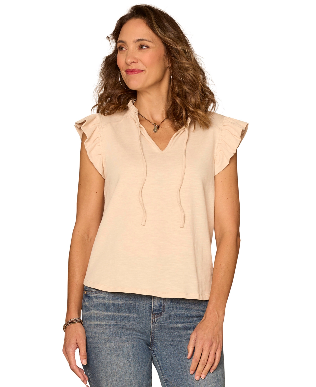 Democracy Petite Ruffle Cap-Sleeve Knit Top