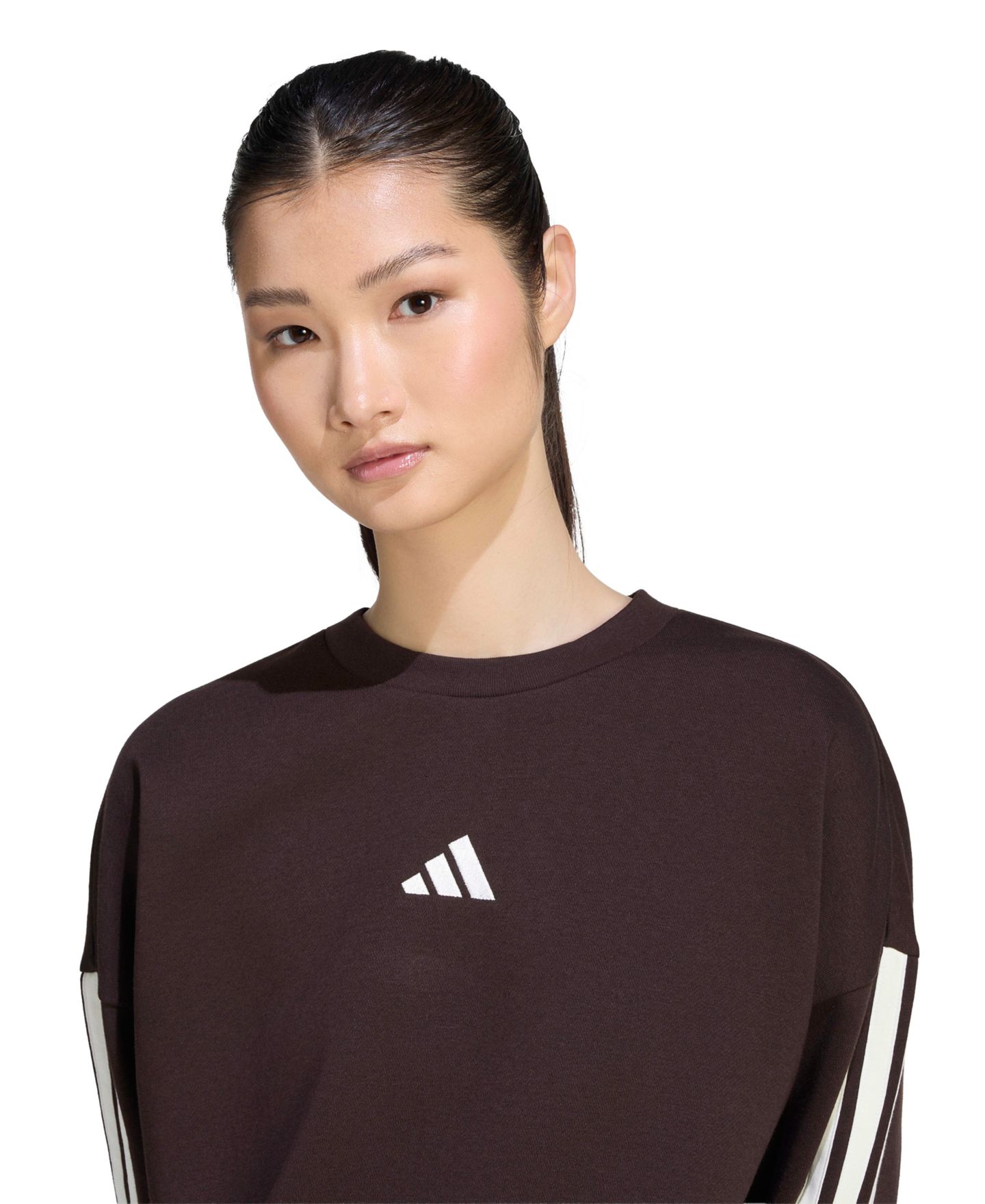 Женская толстовка adidas Essentials 3-Stripes Fleece Crew Neck, цвет: Кофейный / Слоновая кость — фото 3