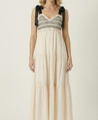 Women's Smocked Lace-Trim Bow-Tie Strap Maxi Dress