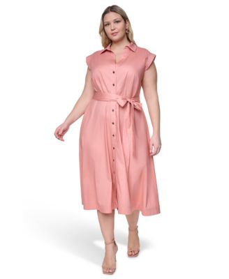 Plus Size Cotton-Blend Collared V-Neck Shirt-Dress
