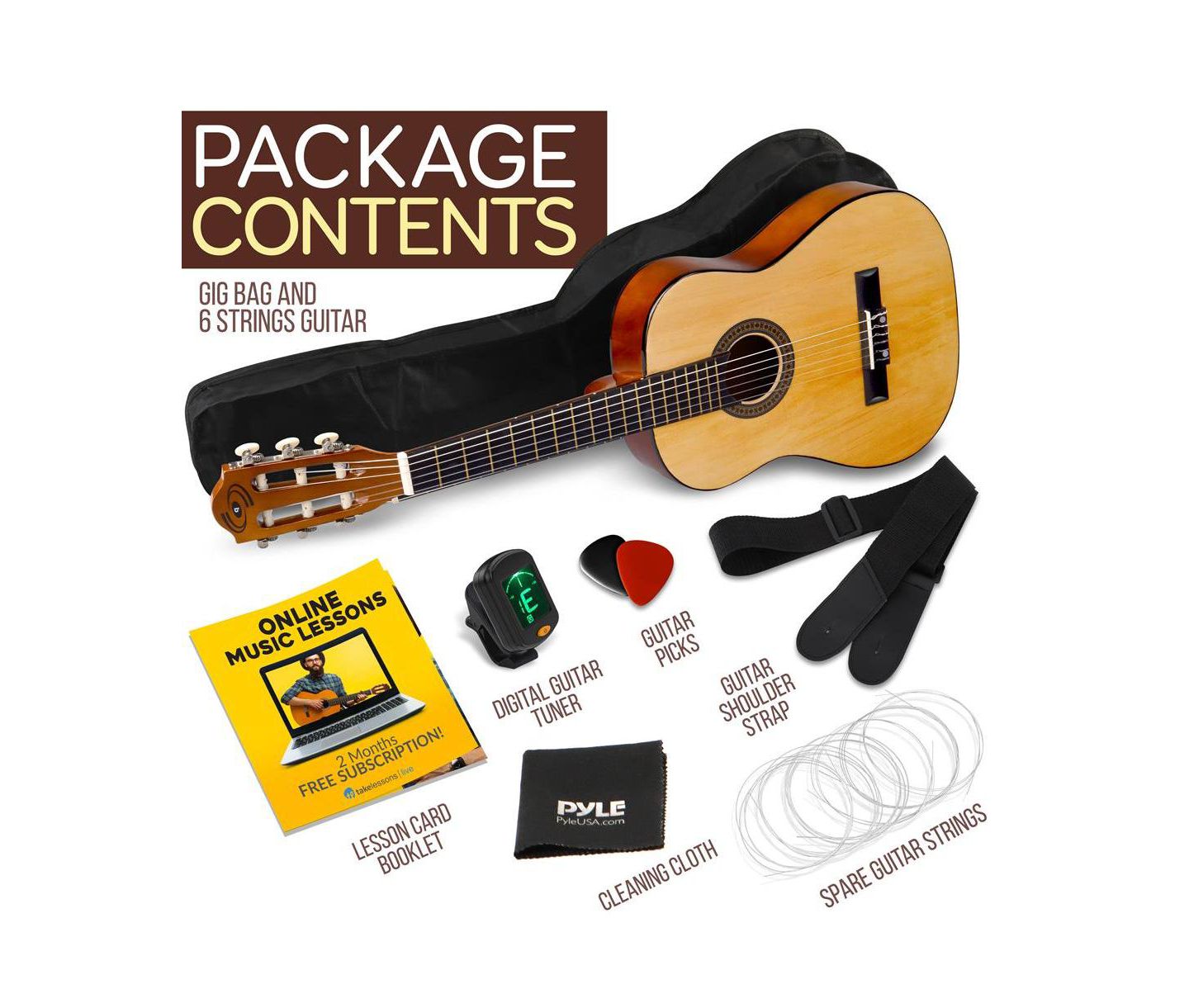 Детские игрушки Pyle 30" Junior Classic Style Guitar Kit with Digital Tuner, Ages 4+ — фото 8