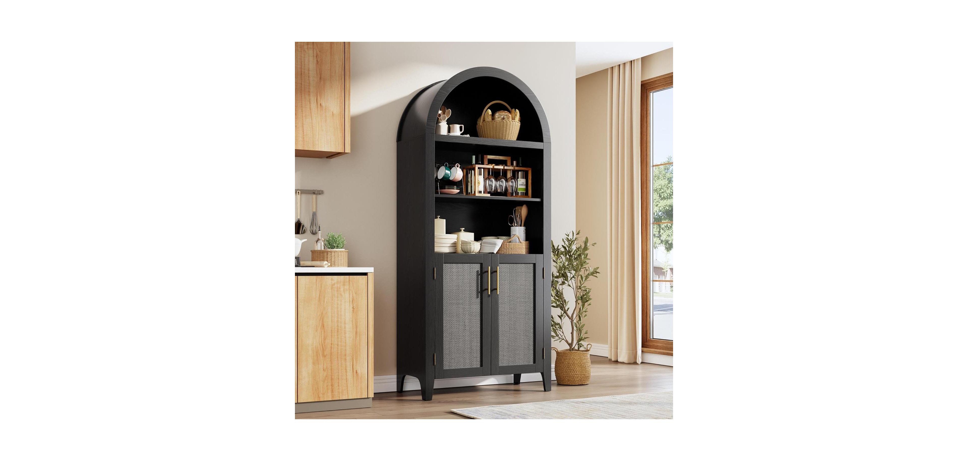 gaomon Arched Pantry Cabinet with Rattan Accent, 5-Tier Open Shelf Farmhouse Storage for Kitchen and Dining