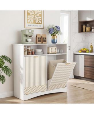 Double Tilt Out Trash Cabinet, 10 Gallon Hidden Trash Can Storage Cabinet with Open Compartments, Recycling Garbage Bin Holder