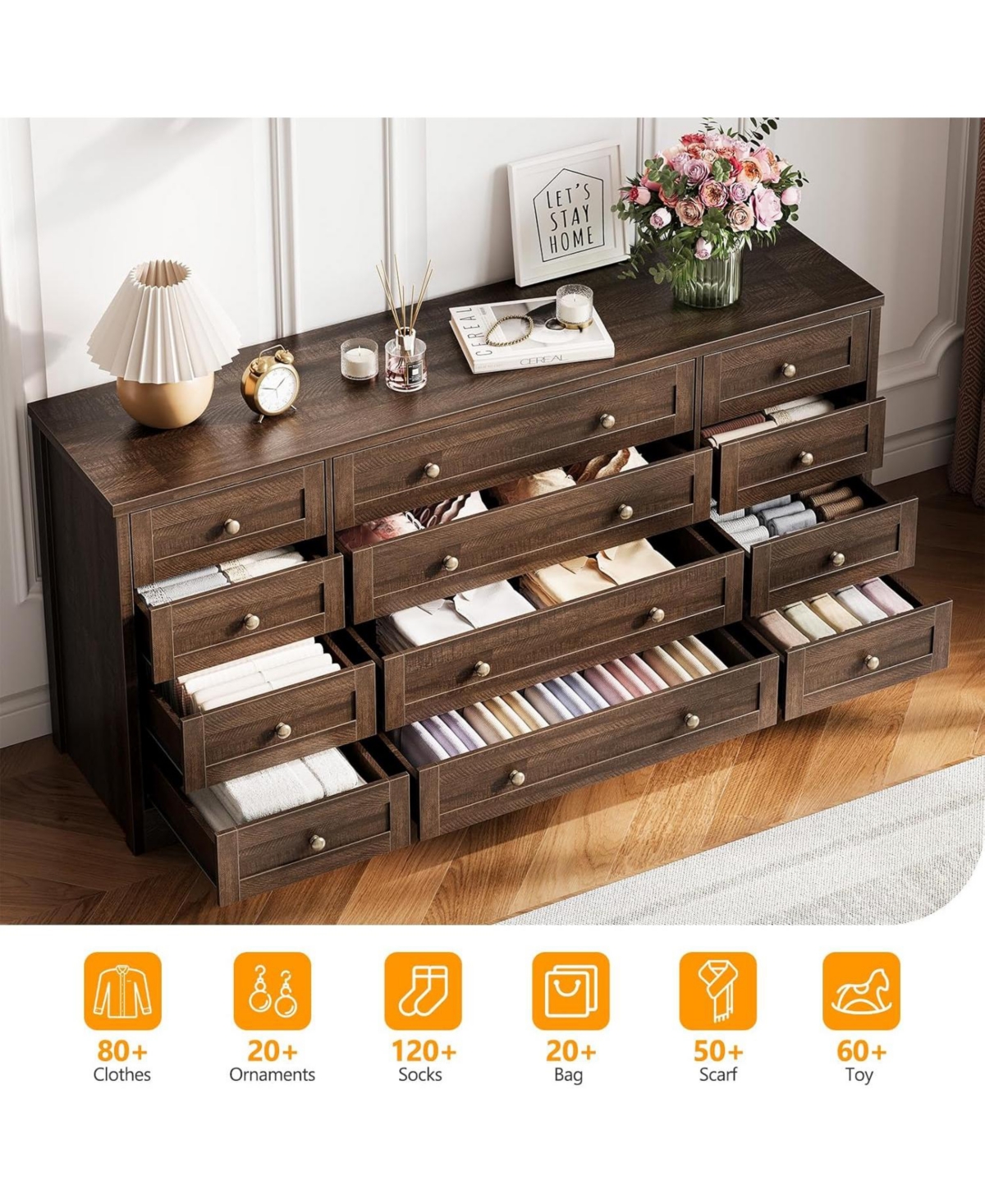 gaomon Wood Dressers for Bedroom with 12 Drawers, 63" Long Wooden Dresser for Living Room, Hallway, 16" Wide Tv Stand Dresser for 65 Inch Tv