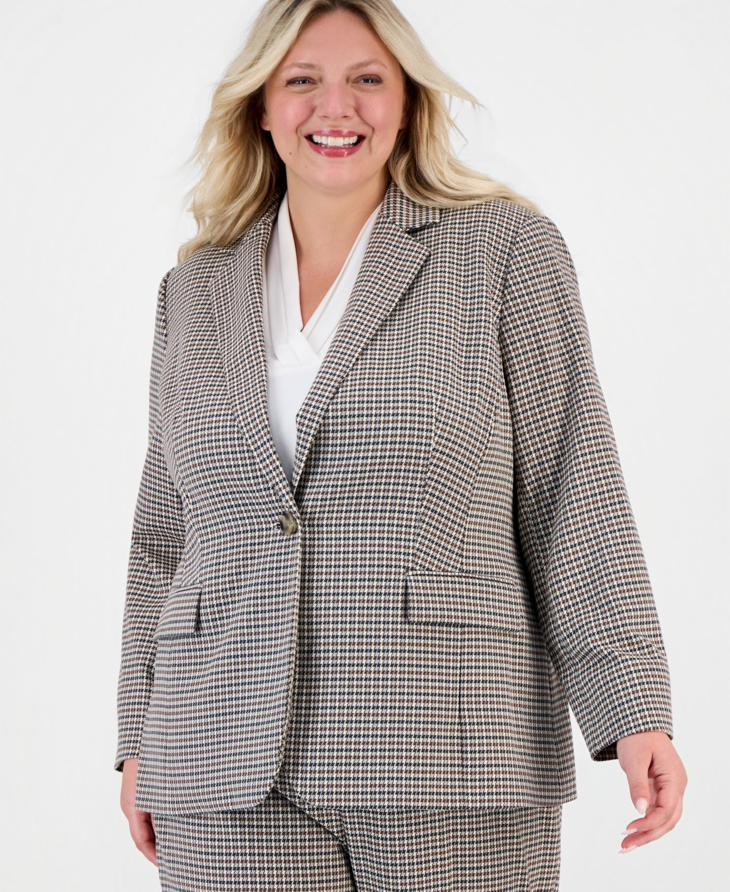 Женский пиджак Anne Klein Plus Size Houndstooth One-Button Blazer, цвет: Чёрный разноцветный — фото 1