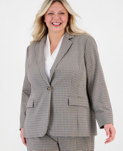 Женский пиджак Anne Klein Plus Size Houndstooth One-Button Blazer, цвет: Чёрный разноцветный