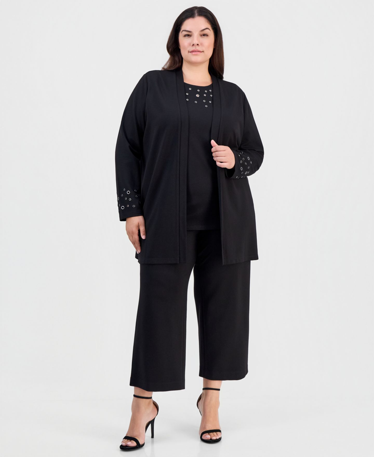 Женский кардиган Anne Klein Plus Size Open-Front Grommet-Trim, цвет: Чёрный — фото 3
