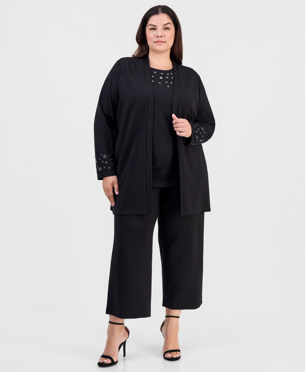 Anne Klein Plus Open-Front Grommet-Trim Cardigan