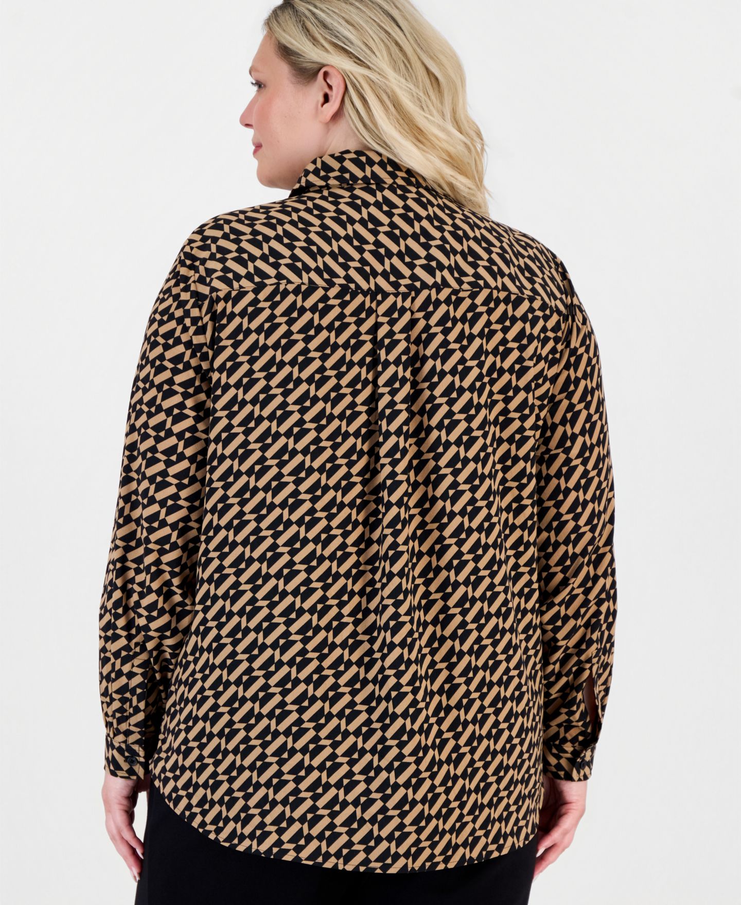 Женская рубашка Anne Klein Essentials Plus Size Geometric-Print Long-Sleeve Shirt, цвет: Чёрный — фото 3