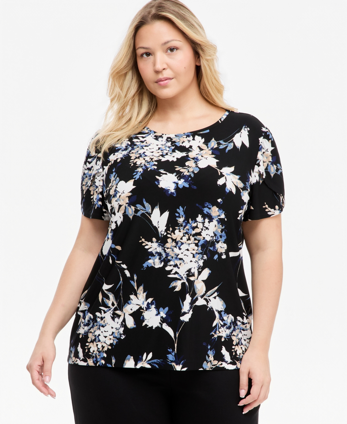 Anne Klein Essentials Plus Size Tuli Floral Tulip-sleeve T-shirt In Anne Black Multi
