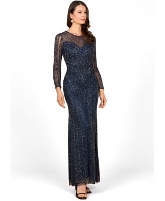 Women's Illusion Neck, Long Sleeve Beaded Gown