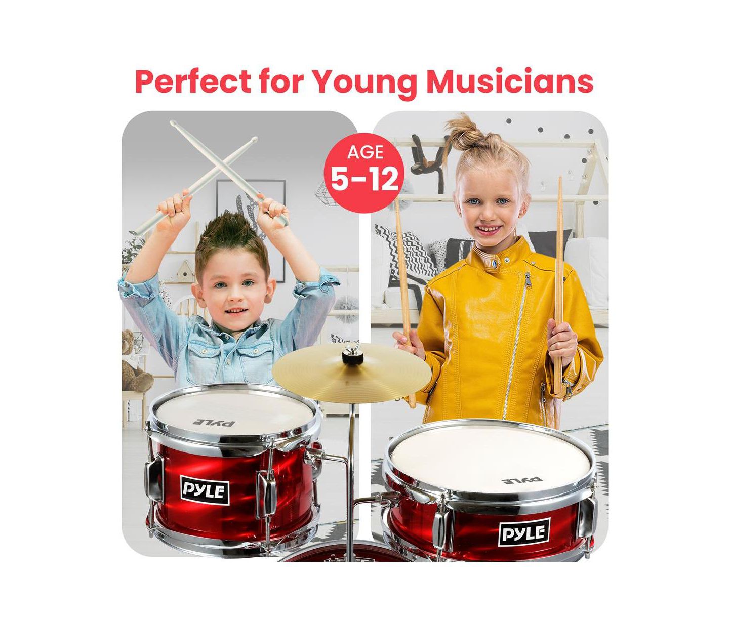 Детские игрушки Pyle 3-Piece Kids Drum Set - 13" Metallic Red Junior Drum Kit with Throne, Cymbal, Bass Pedal, Tom & Drumsticks — фото 2