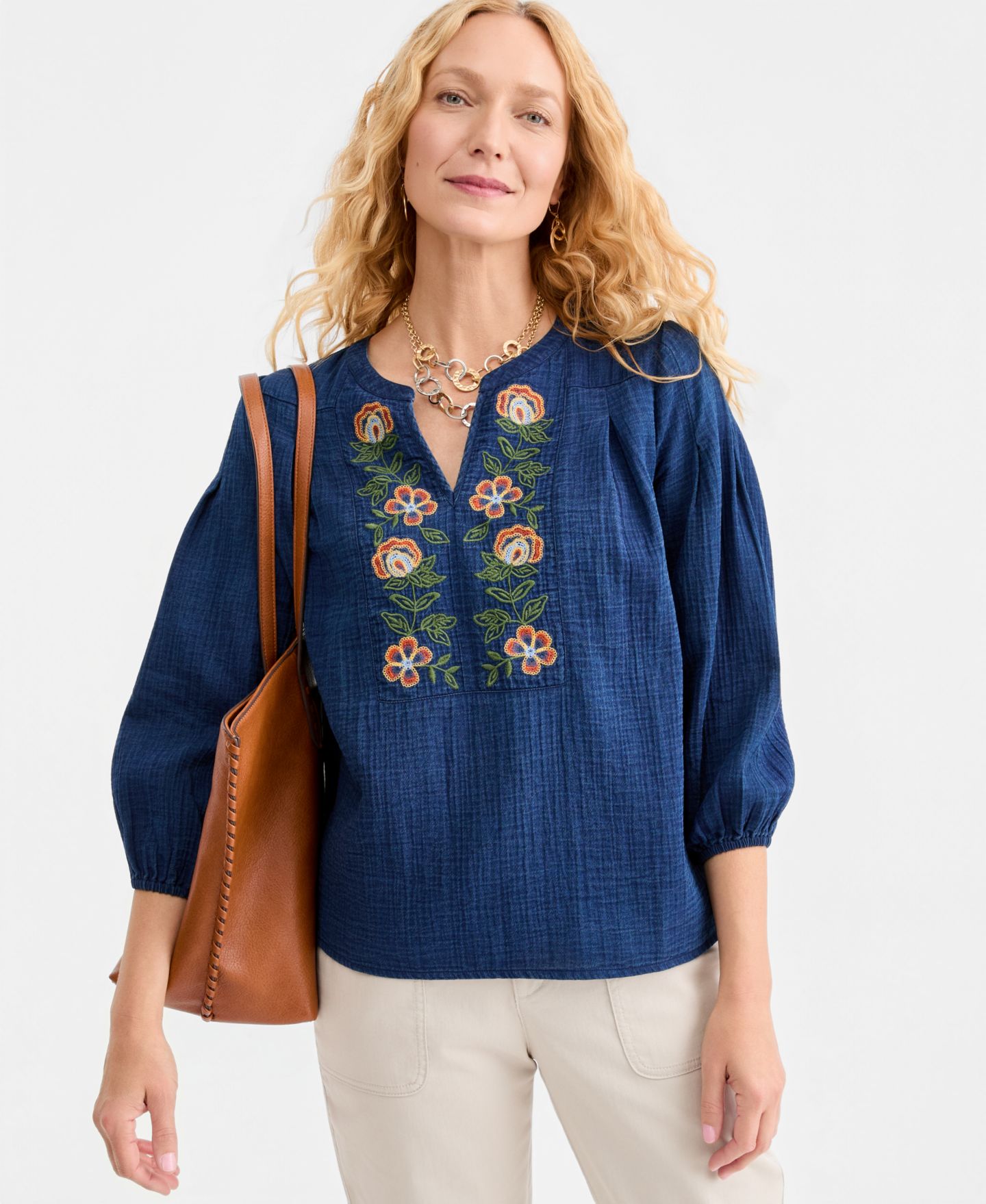 Женский топ Style & Co Embroidered Indigo Gauze Top, цвет: Насыщенный индиго — фото 2