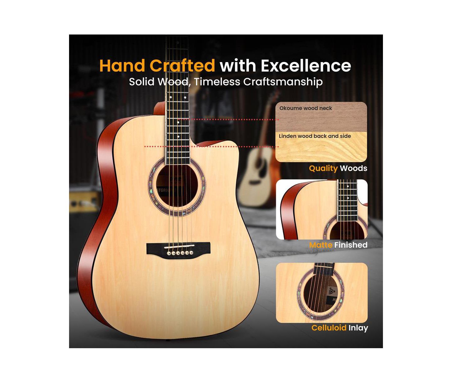 Детские игрушки Pyle 41" Acoustic Guitar Kit with Cutaway Body, Accessory Pack - Natural Finish, PGA480NT — фото 4