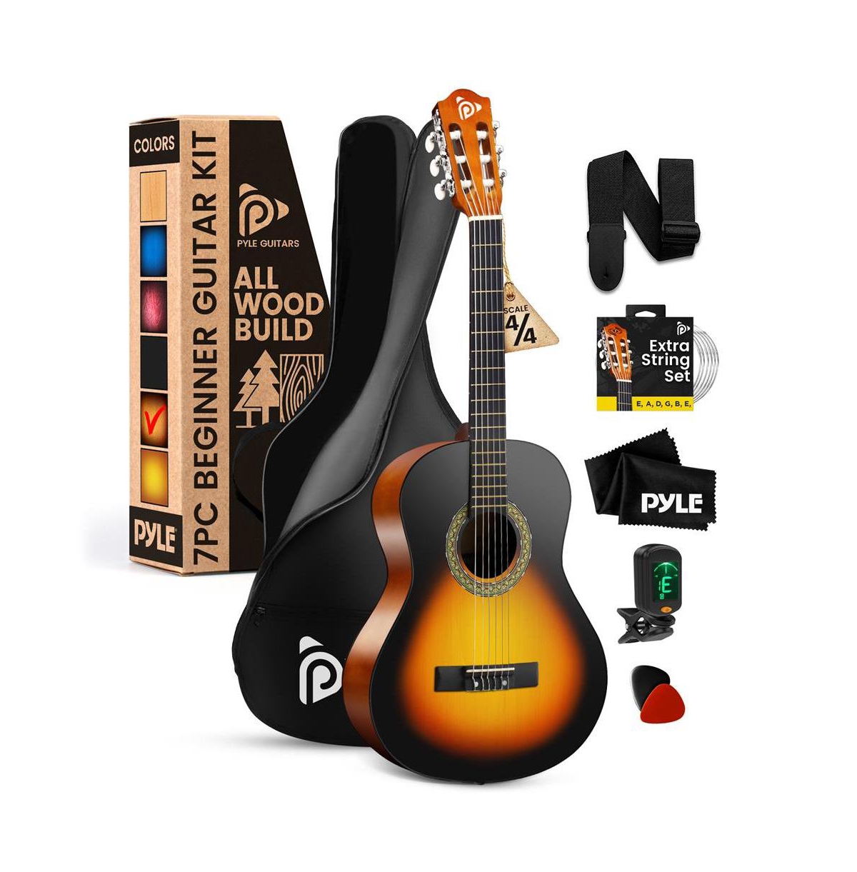 Pyle 39" 6-String Classic Guitar with Digital Tuner and Accessory Kit (Sunburst Teardrop)
