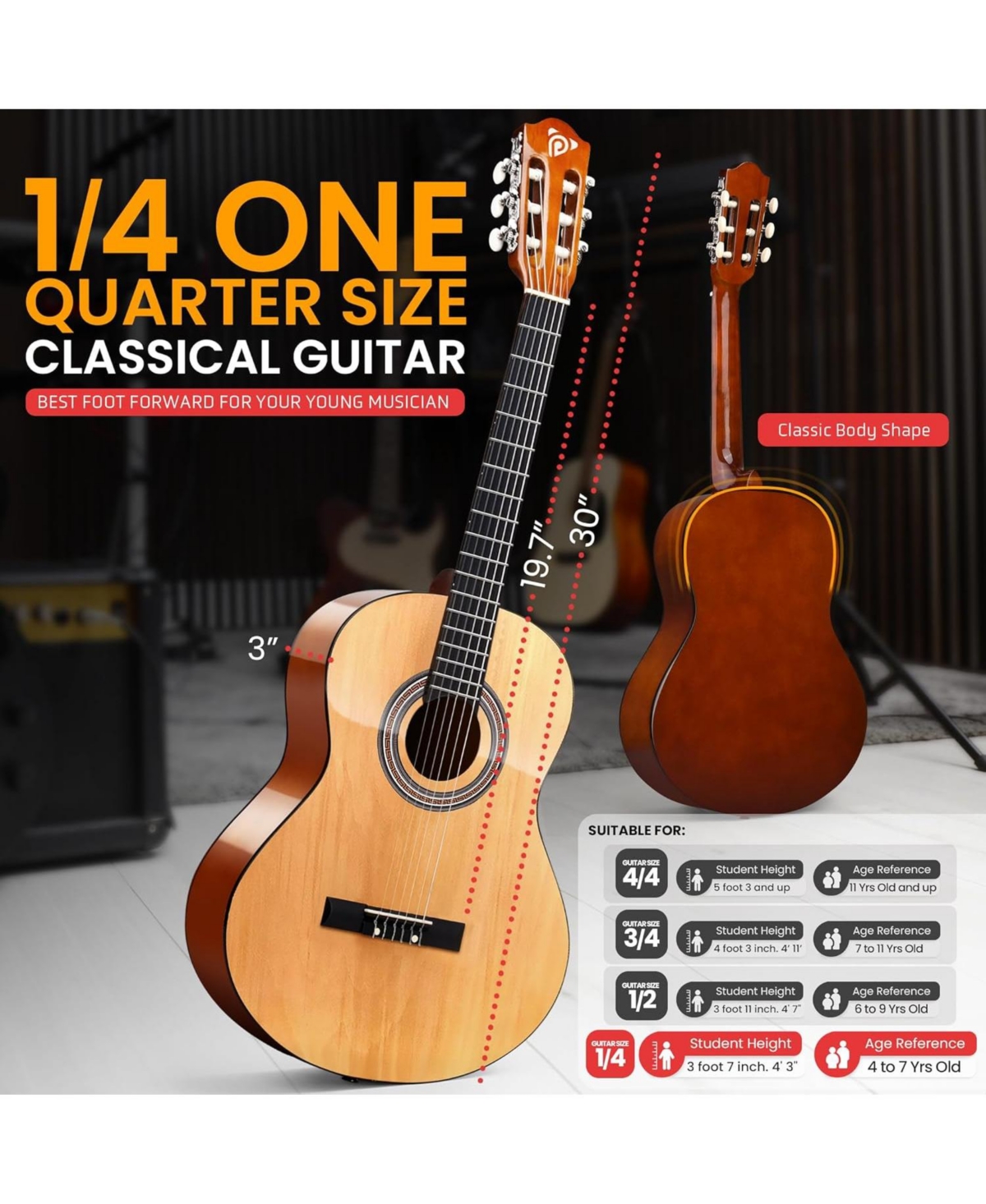 Pyle Classical Guitar Starter Kit, 30" 1/4 Size All-Wood Guitar with Capo, Gig Bag, Strings, Strap & Picks