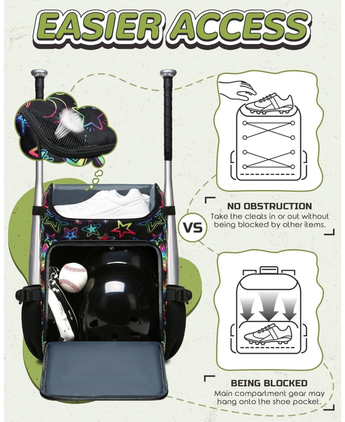 Furlihong Star Pattern Baseball Softball Gear Backpack for Boys and Girls Ages 8-14 - Youth Bat Bag with Ventilated Shoe Compartment for Players