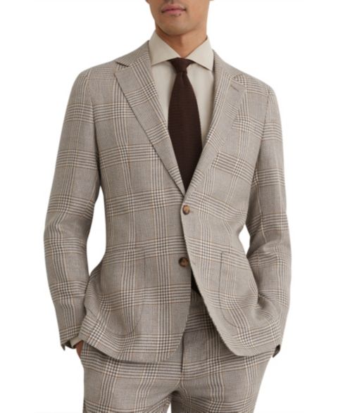 Мужской пиджак REISS Epsom Tailored-Fit Linen-Wool Single-Breasted Check Blazer, цвет: Овсяный коричневый