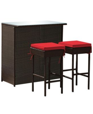 3-Piece Patio Rattan Wicker Bar Set with Cushioned Stools and Glass Top