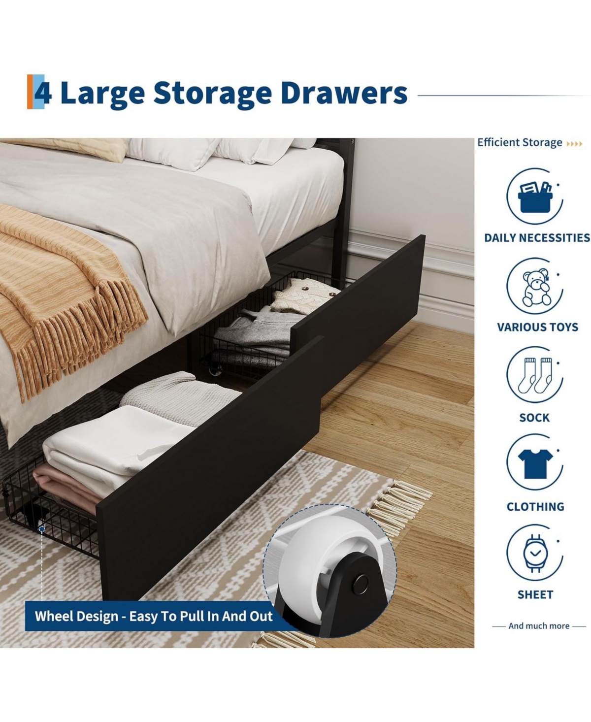gaomon Rattan Bed Frame with Headboard, Boho Cane 4 Drawers, Metal Slats