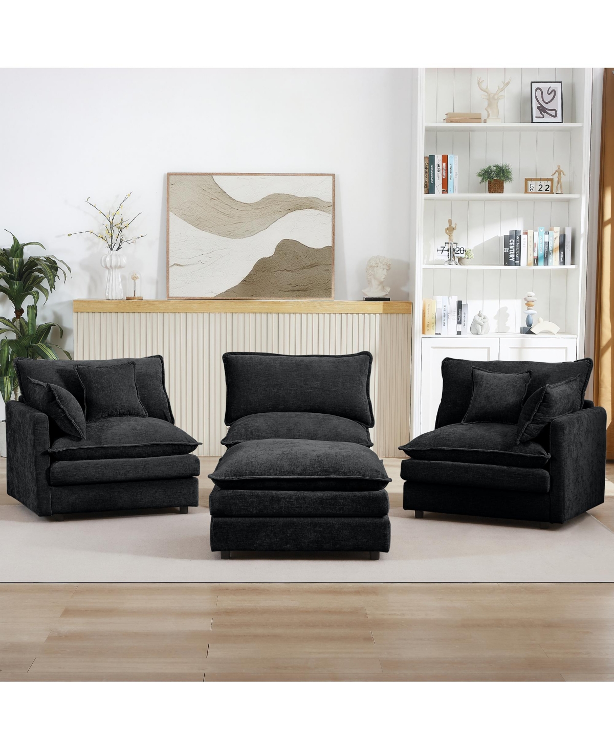 Rainsken 102" L Shaped Cloud Couch, Modular Sectional Sofa with Movable Ottoman and 4 Pillows, Deep Seat Chenille 3-Seater Couches for Living Room