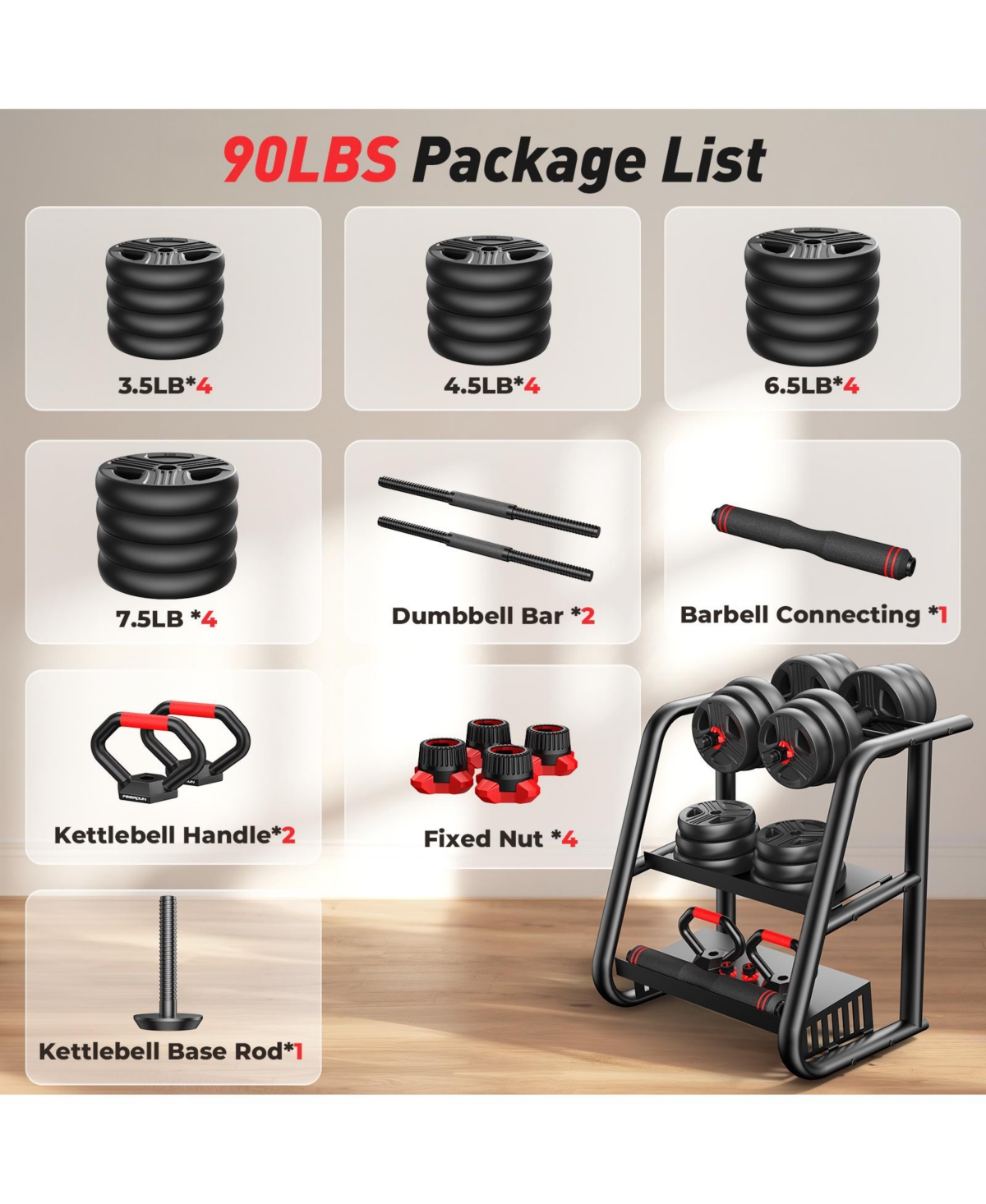 Fed Fitness Adjustable 5 in 1 Free Weights Set, Dumbbell Set, Convertible to Barbell, Kettlebell