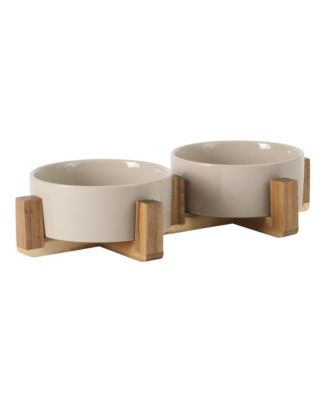 Zoomie Bites 5.5inch Ceramic Dog and Cat Bowl with Acacia Wood Stand Non-Slip Matte Glaze Weighted Food Water Set for Cat and Dog
