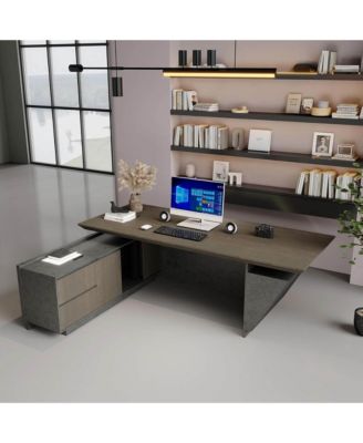 Adjustable Executive Desk with Drawers File Cabinets LED Light