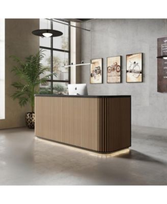 Curved Reception Desk, Mid Century Front Desk Reception Room Table with Power Outlet and LED Light