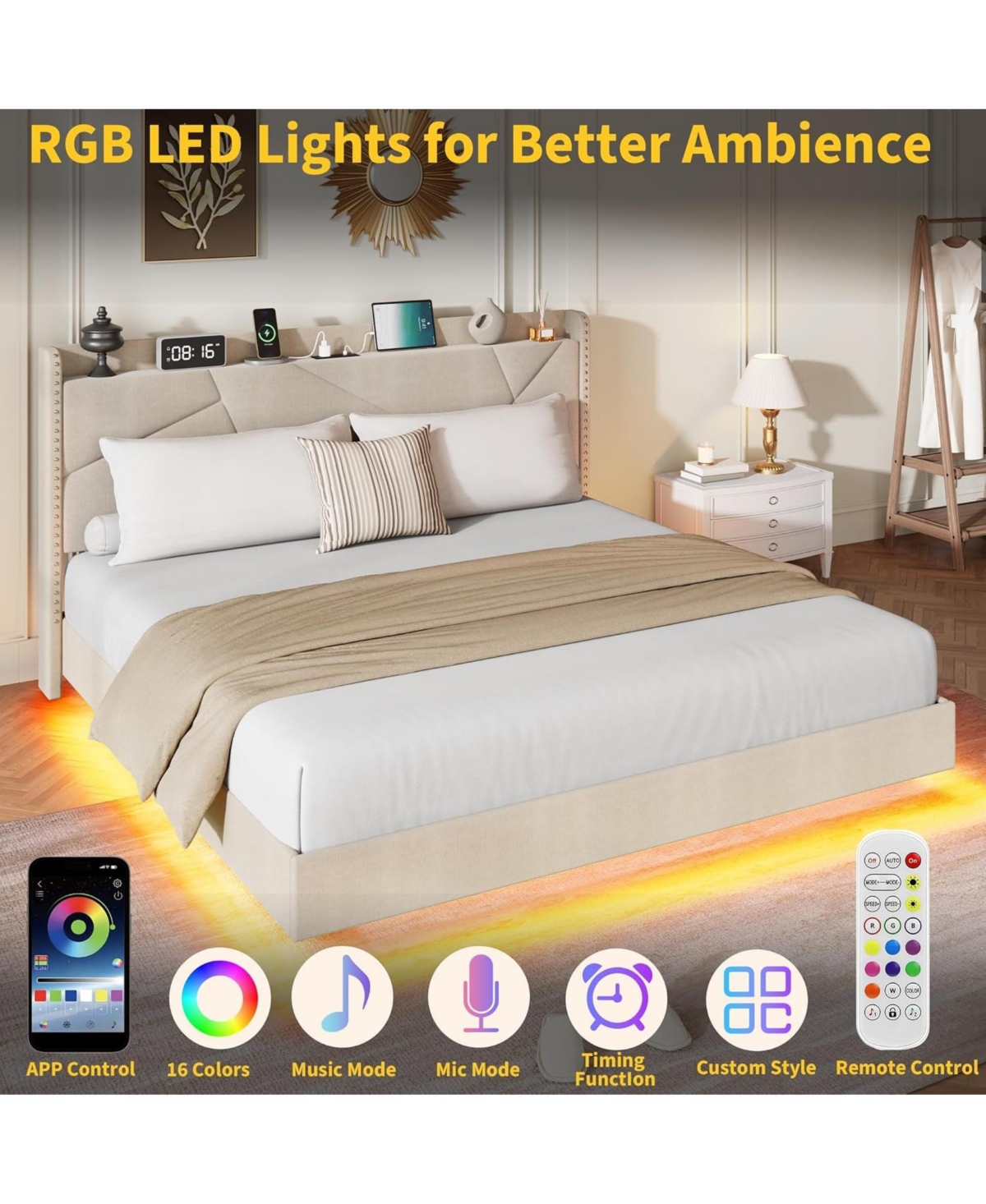 gaomon Floating Bed Frame with Led Lights and Charging Station