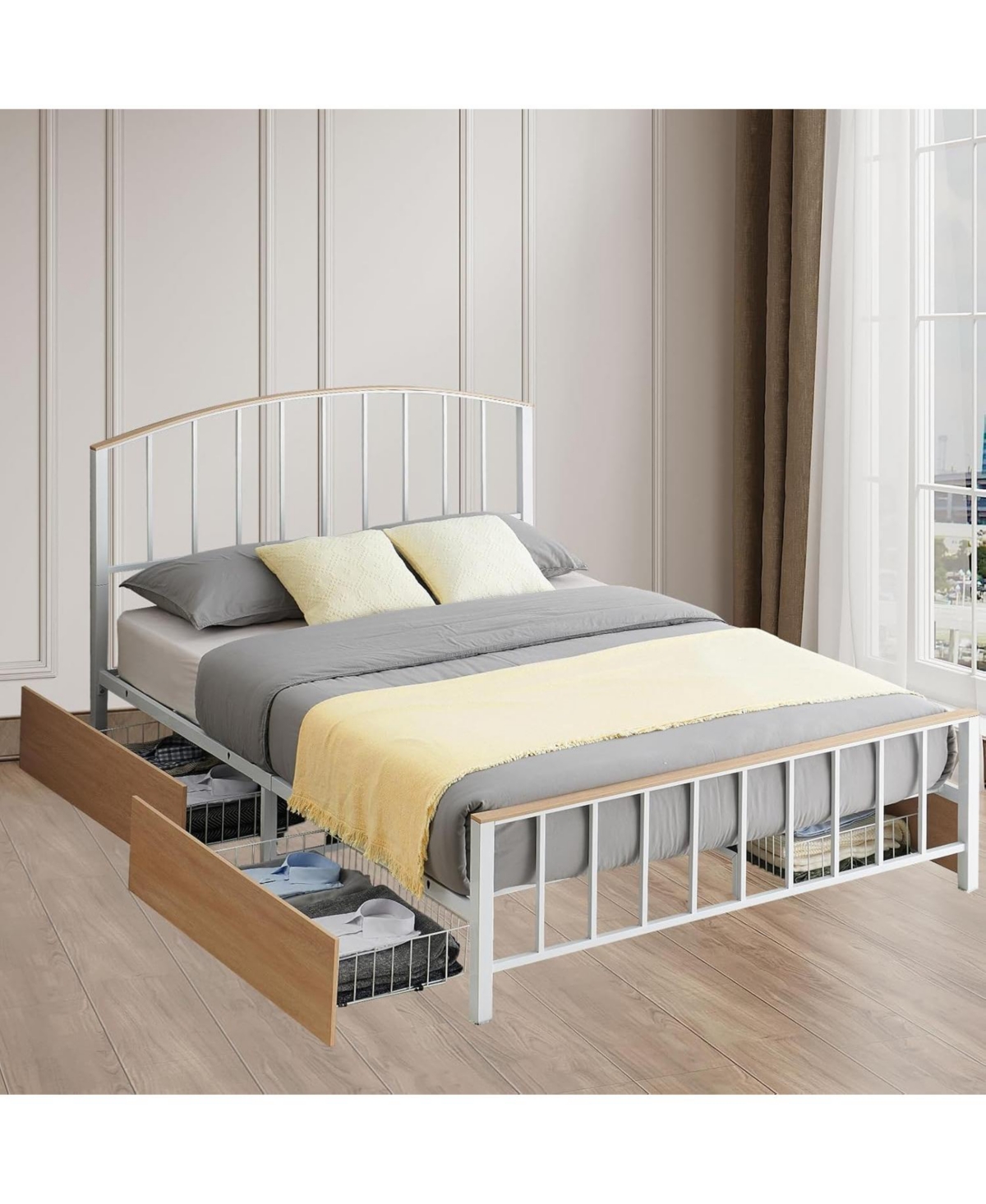 gaomon Full Metal Bed with Headboard and 4 Drawers, Oak Finish