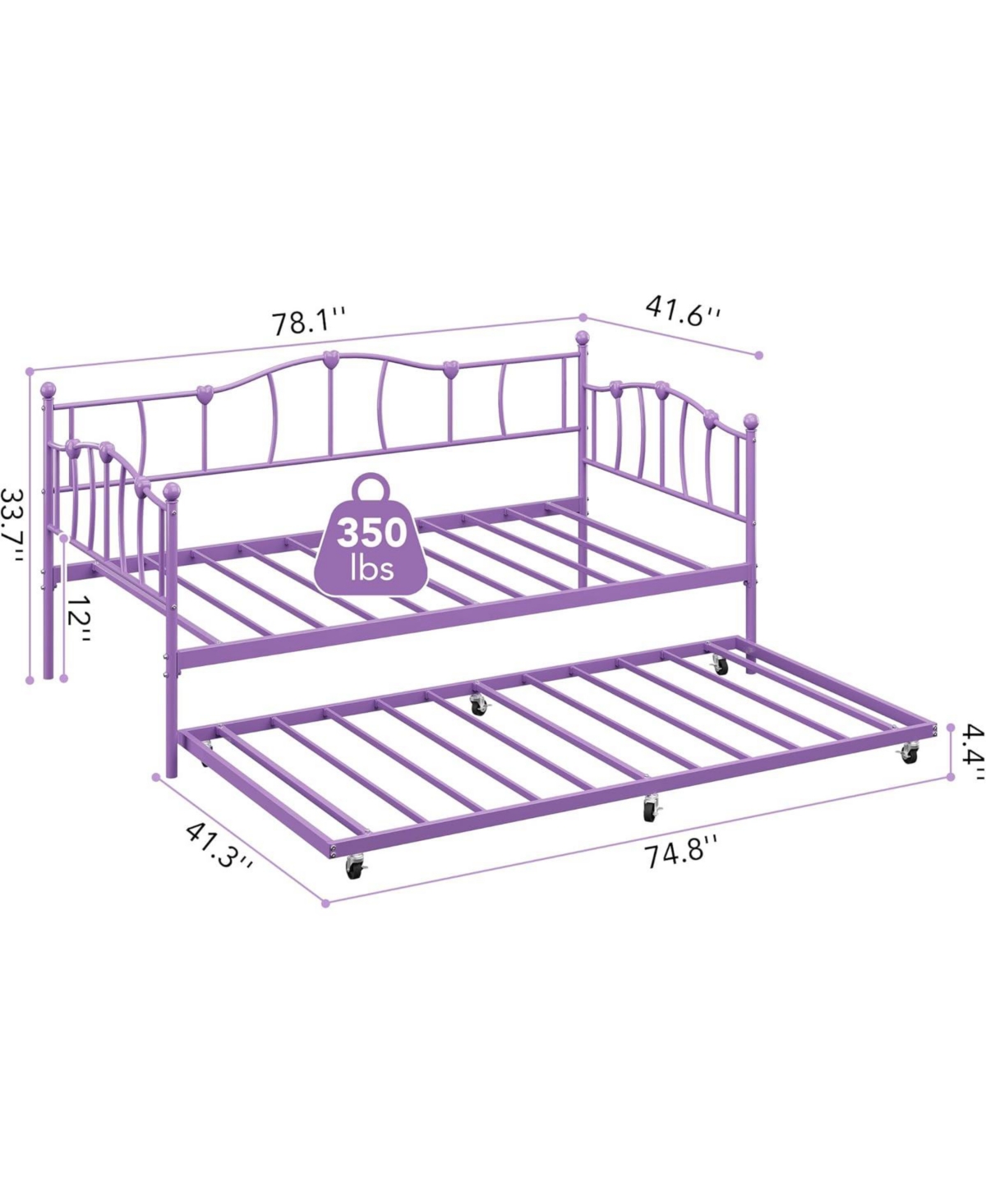 gaomon Twin Metal Daybed with Trundle, Heart Design