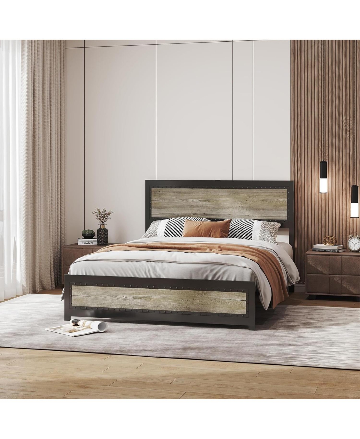 gaomon Industrial Platform Bed Frame with Charging Station And Headboard