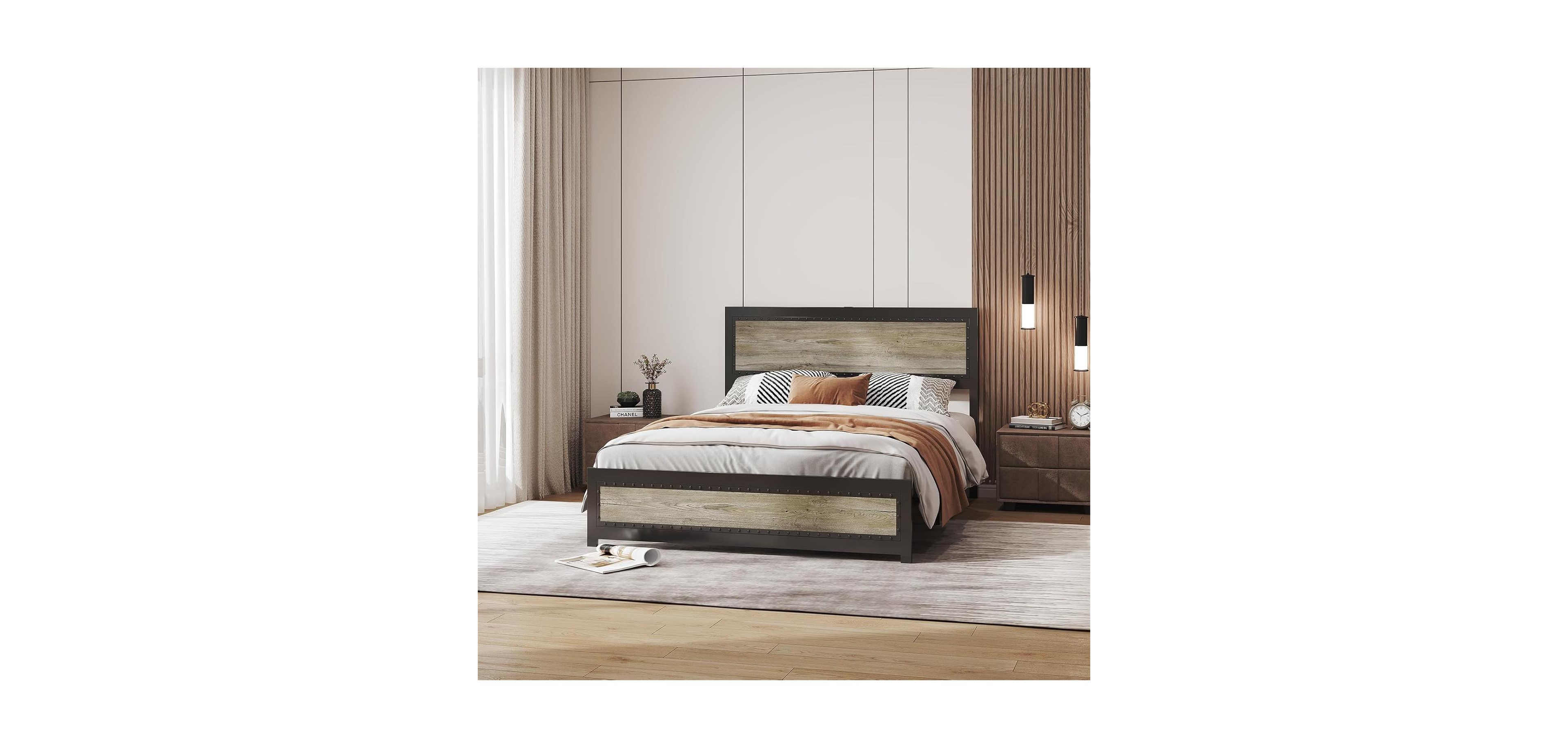 gaomon Industrial Platform Bed Frame with Charging Station And Headboard