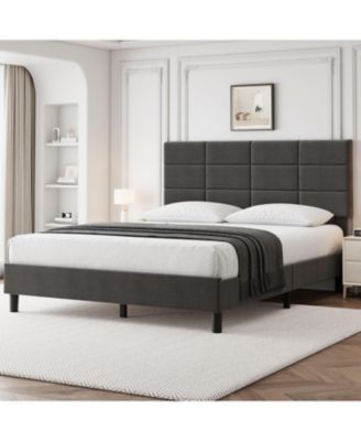  Linen Platform Bed with Headboard, 700 lb Support.