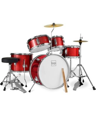 5-Piece Kids Beginner Junior Drum Set, Percussion Instrument Starter Kit w/ Stool