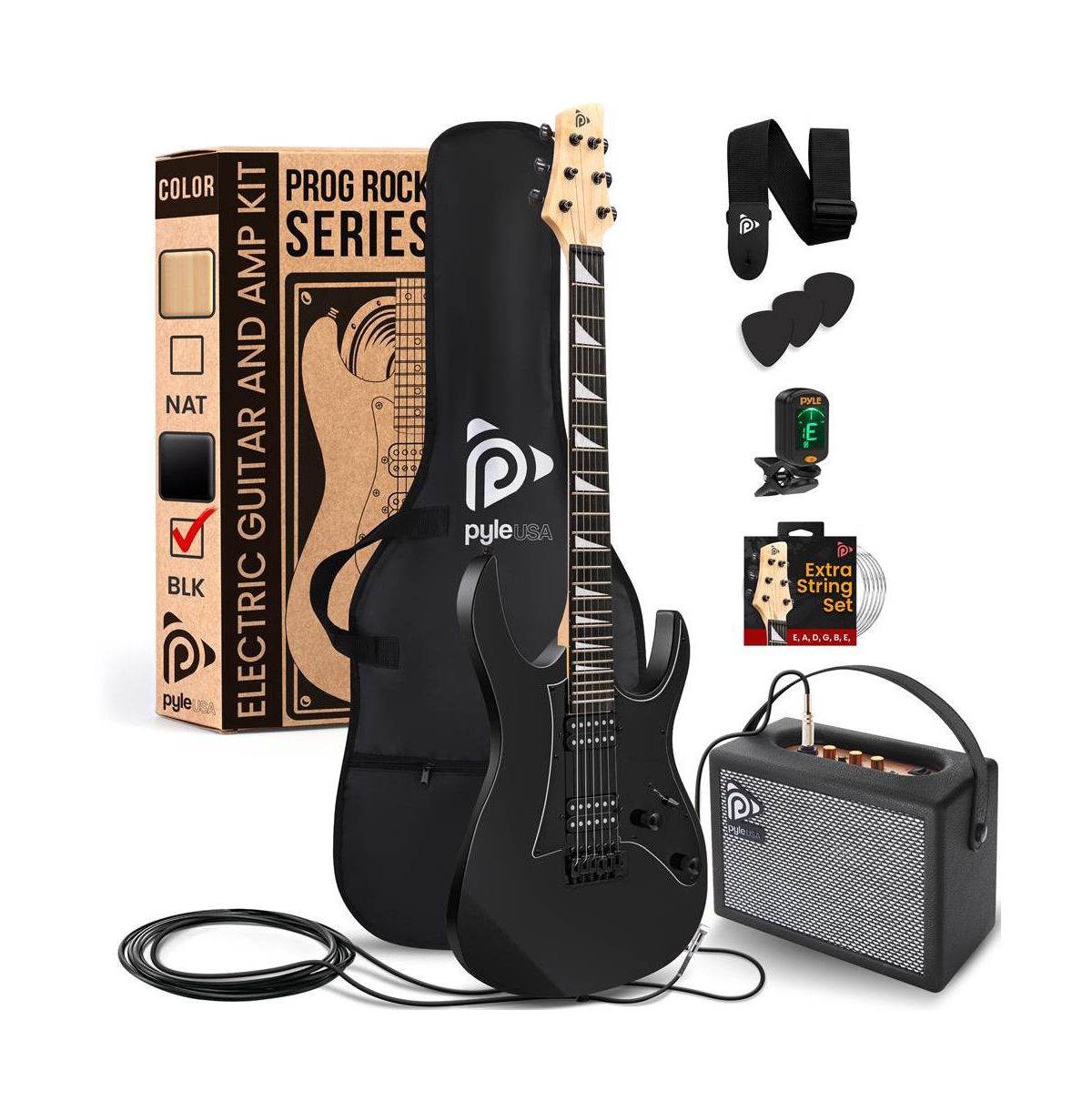 Pyle 38.7" Full Size Electric Guitar Kit - Includes Amplifier, Travel Bag, and Accessories, (PEGKT781BK)